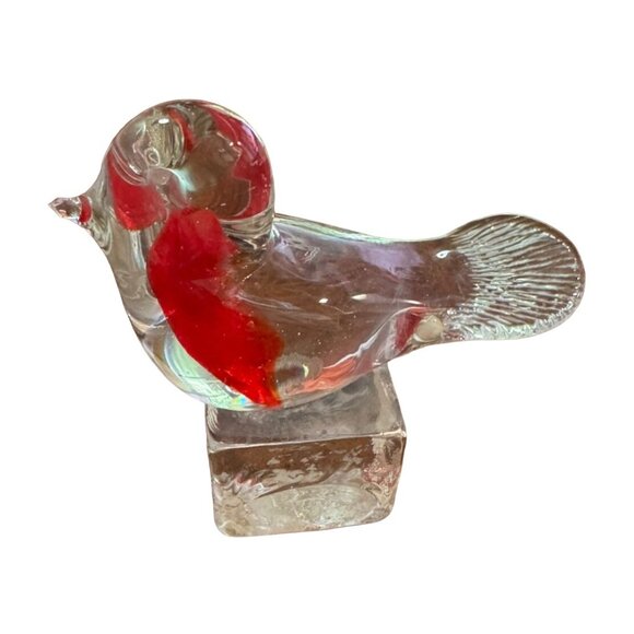 ICET Murano Art Glass Bird on a Ice Cube Handblown Red Robin Paperweight Flaw - Picture 1 of 5